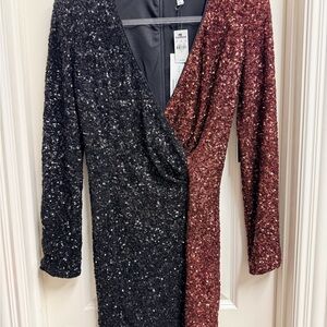 Express Black and Red Sequin Long Sleeve Dress